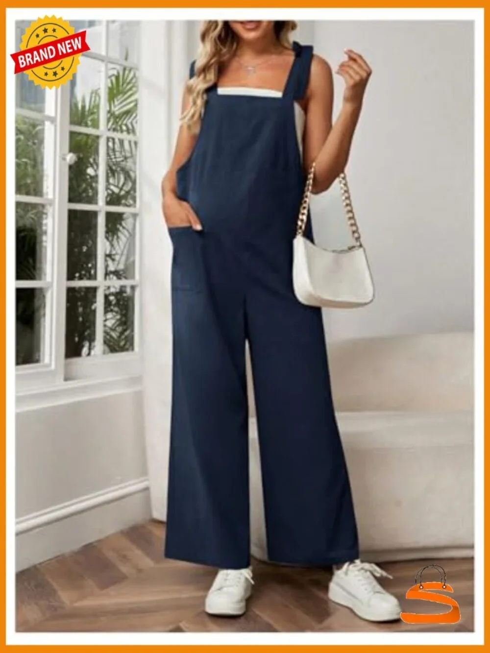 Maternity Front Pocket Jumpsuit Knot Shoulder Strap Sleeveless Wide Leg Overalls